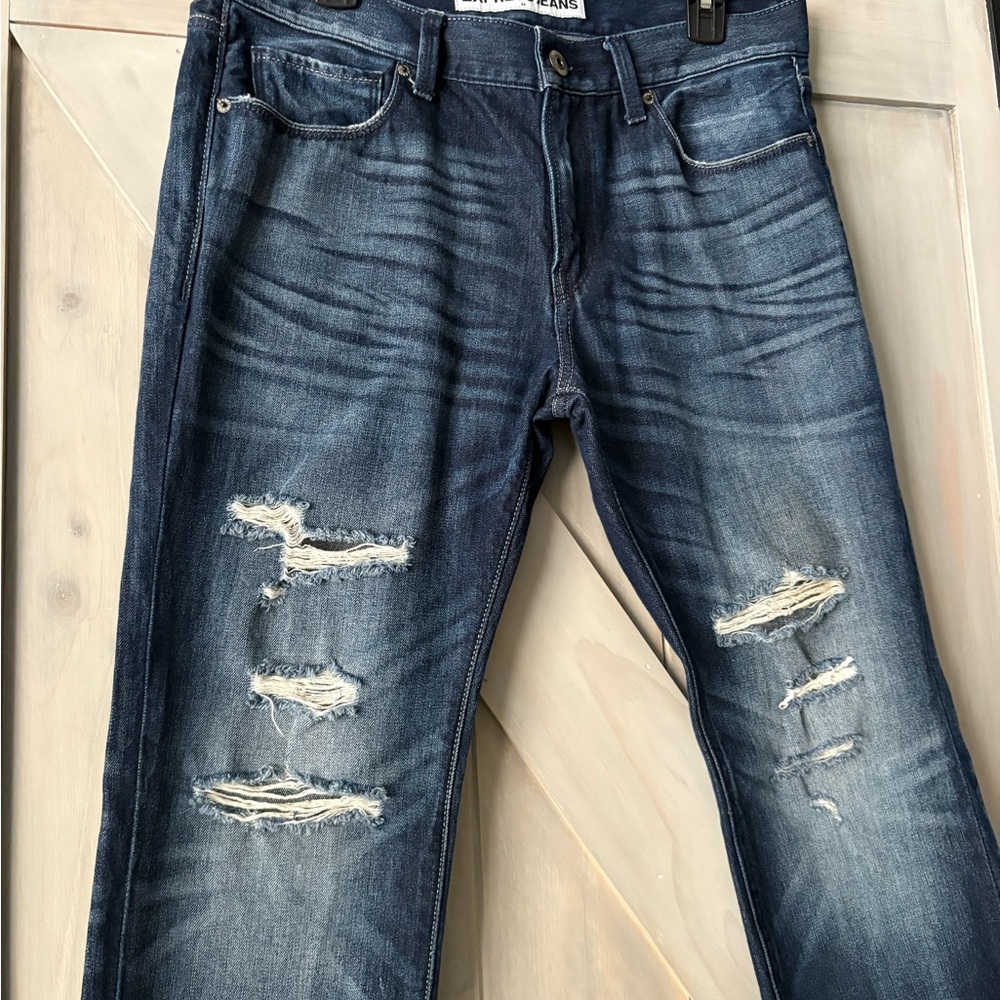 Express Men's Dark Blue Distressed Jeans